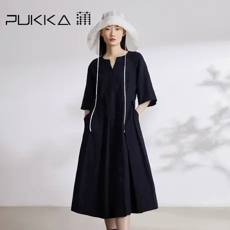 蒲PUKKA 原创设计2023初秋宽松提花新中式显瘦V领连衣裙图片