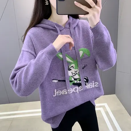 春装新款连帽套头长袖针织卫衣女韩版宽松外穿休闲上衣打底毛衣女图片