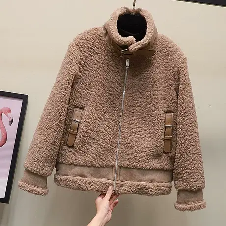 短款皮毛一体2023冬季新款女装仿羊羔绒毛韩版加厚拼接棉服小外套商品大图