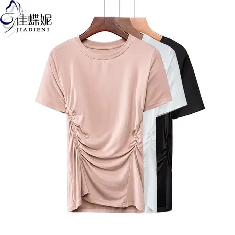 夏季新款韩版纯棉修身显瘦褶皱小心机圆领纯色短袖体恤上衣女装商品大图