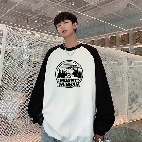 美式复古撞色雪山印花卫衣男潮牌街头宽松bf春秋百搭情侣复古上衣商品大图