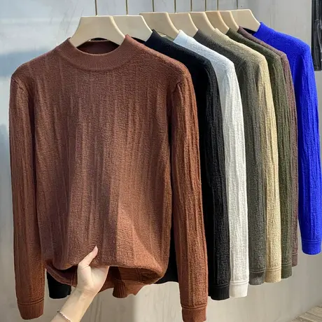 秋冬季黑色毛衣男条纹针织衫中领毛衫修身男士半高领打底潮流男装商品大图