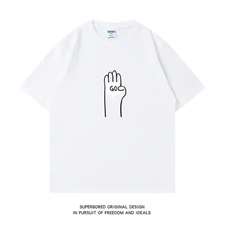 夏季美式潮牌简约手势GO印花纯棉短袖t恤男女ins潮流情侣体恤半袖商品大图