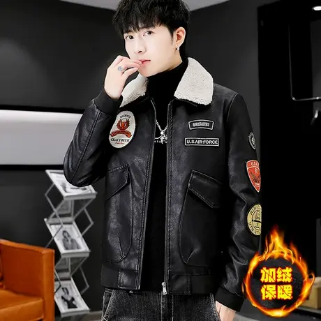 冬季加绒加厚夹克外套男士潮流韩版帅气皮衣保暖机车服带毛领冬装商品大图