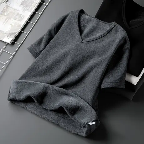 短袖t恤男装V领纯色秋冬季保暖加绒加厚潮流修身半袖上衣服打底衫商品大图