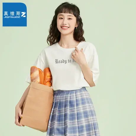 真维斯Z+夏季23新款女款短袖纯棉圆领上衣时尚潮流铁塔印花女T恤图片