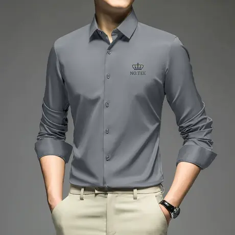 休闲衬衫男士长袖高端商务免烫抗皱衬衣轻熟风高级感皇冠印花寸衫商品大图