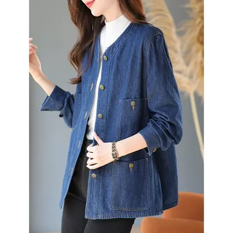 宝诗黎圆领棉质牛仔外套女时尚休闲2024新款春季宽松外搭上衣开衫商品大图