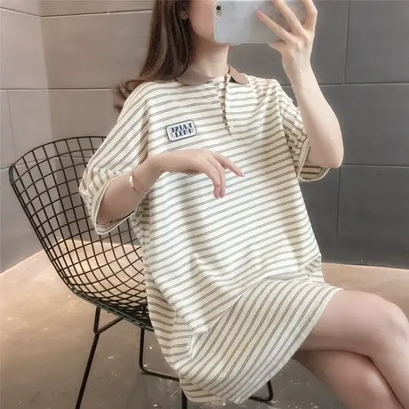 条纹2023年新款女夏季宽松百搭时尚休闲翻领韩版简约字母短袖t恤图片