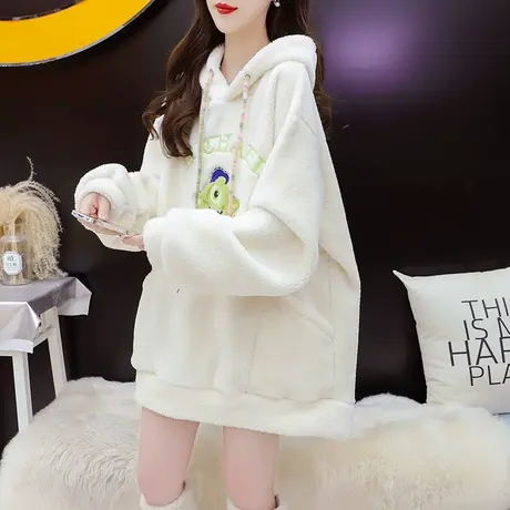 加绒加厚连帽卫衣女2024年新款春季爆款宽松慵懒风百搭羊羔毛外套图片