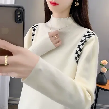 半高领毛衣女打底衫2023秋冬新款套头棋盘格针织衫洋气内搭上衣潮商品大图