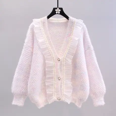 蕾丝边钉珠拼接毛衣外套女秋冬2023年新款宽松慵懒风洋气针织开衫图片