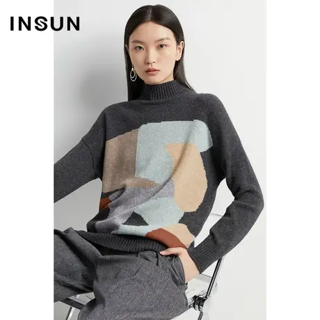 INSUN恩裳奥莱冬季纯羊毛几何套头毛针织衫商品大图