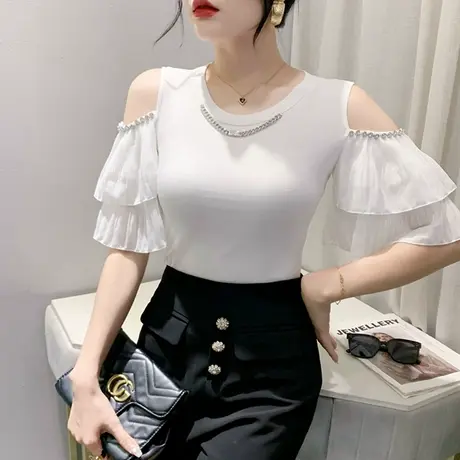 网纱拼接荷叶边T恤女短袖夏装时尚洋气露肩小衫别致修身圆领上衣商品大图