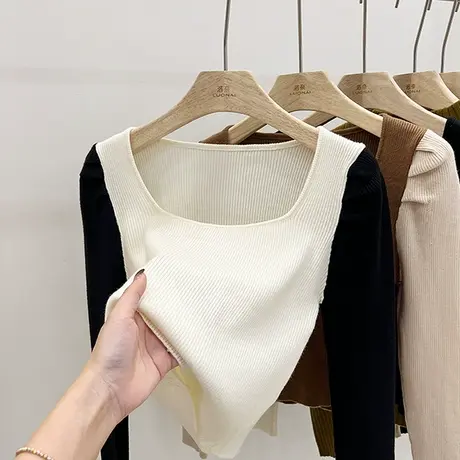 时尚方领针织衫女春秋2024新款设计感撞色上衣紧身内搭短款打底衫商品大图