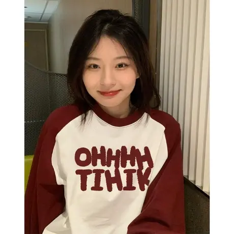 美式复古oversize插肩长袖t恤女秋冬季设计感小众独特甜酷上衣ins商品大图