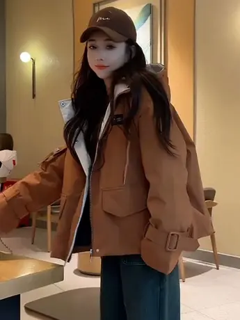 2023新款冬季白鸭绒羽绒服女撞色拼接宽松百搭韩版连帽派克服外套图片