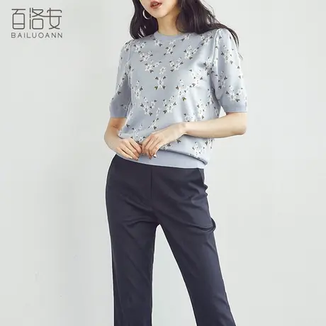 百洛安时尚印花针织衫女薄款夏季新款韩版透气套头衫短袖圆领上衣商品大图