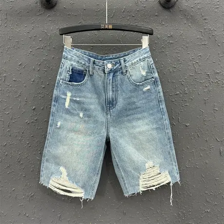 2025夏季新款宽松显瘦破洞牛仔直筒裤女个性韩时尚休闲五分中裤商品大图