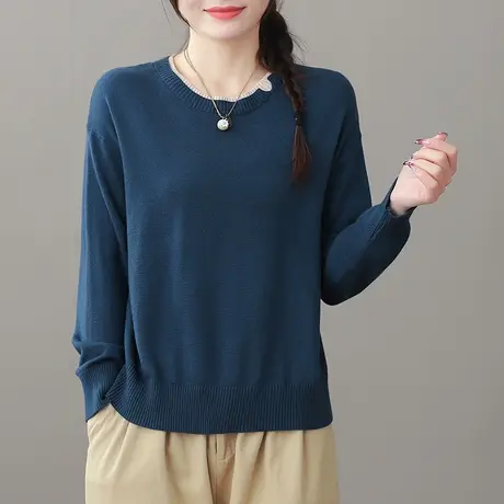 dza 复古假两件上衣棉线针织衫女春季宽松打底衫休闲长袖毛衣外套图片
