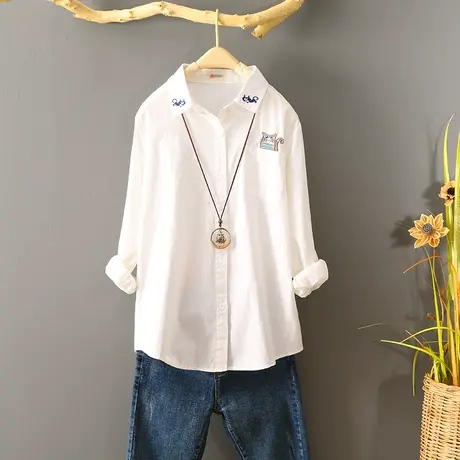 春装新款文艺刺绣衬衫女长袖百搭宽松上衣简约纯棉衬衣打底衫寸衫商品大图