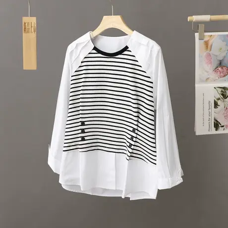 韩版条纹拼接白色衬衫女士宽松中长款秋季新款圆领衬衣假两件上衣商品大图