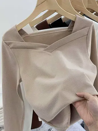 德绒打底衫女秋冬新款设计感小众方领不规则磨毛洋气修身内搭上衣商品大图