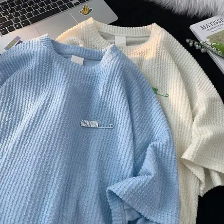 ins超火华夫格短袖T恤女2024新款夏季学生宽松半袖闺蜜装上衣服潮商品大图