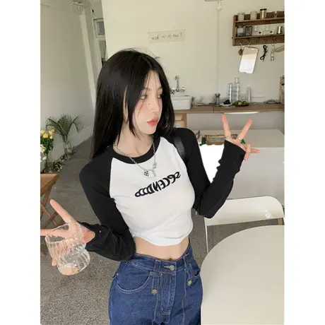 撞色插肩长袖t恤女2024春秋款拼接内搭短款打底衫早秋冬装上衣女商品大图