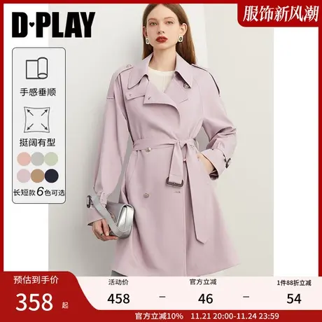 DPLAY2025年春季通勤紫色风衣女双排扣小个子风衣外套女大衣图片