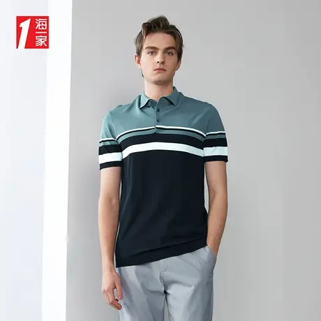海一家条纹撞色短袖针织衫夏季时尚翻领POLO衫男商品大图