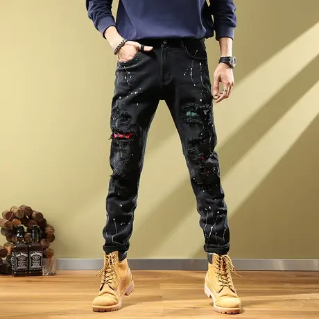 香港高端潮流贴布破洞黑色乞丐牛仔裤男士修身小脚百搭休闲裤子男商品大图