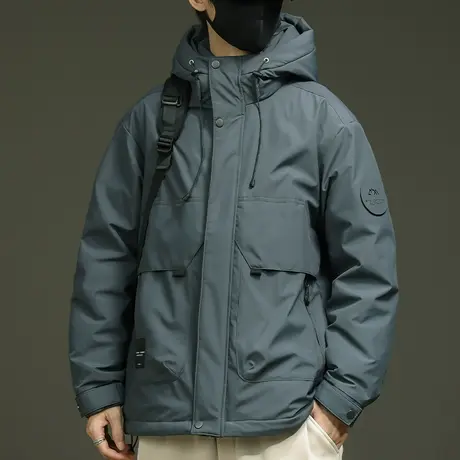 鸭绒连帽高级感外套男款羽绒服冬季大码工装夹克男士加厚棉衣商品大图