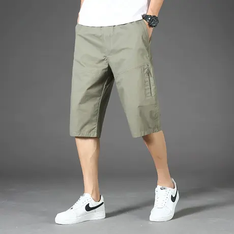 纯棉七分裤男夏季薄款工装裤运动沙滩休闲宽松水洗大口袋短裤子男图片
