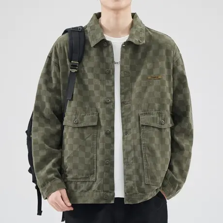 春季高级感格子翻领牛仔夹克外套春秋款男装纯棉长袖上衣2024新款商品大图