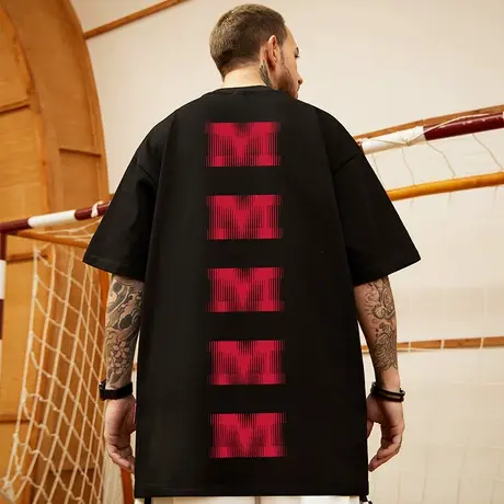 oversize美式潮牌胖子男装大码2024字母国潮宽松短袖T恤潮流半袖商品大图