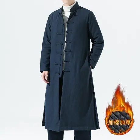 冬装棉衣中国风布扣唐装男立领棉麻长款夹棉大衣复古加厚长袍棉服商品大图
