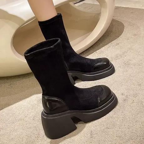 设计感马丁靴女2023年新款秋季爆款厚底短靴粗跟弹力靴套筒瘦瘦靴商品大图