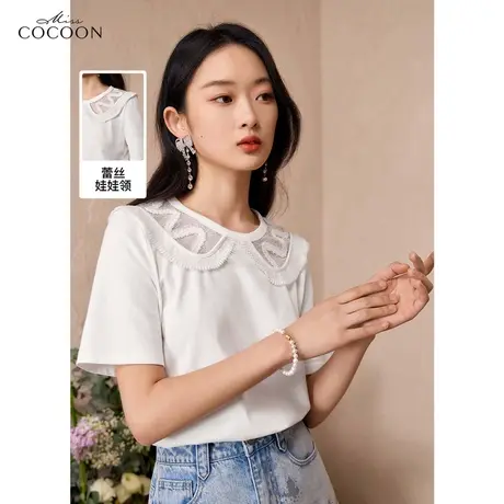 miss COCOON白色纯棉短袖t恤女2023新款夏季设计感减龄翻领上衣商品大图