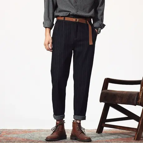 男士直筒加绒牛仔裤男冬季条纹裤子加厚保暖休闲裤男款长裤锥形裤商品大图