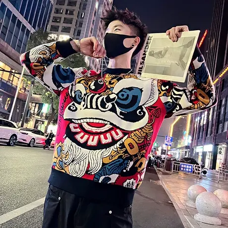 设计感国潮卡通提花针织衫男冬季花色潮牌网红宽松加厚针织打底衫商品大图