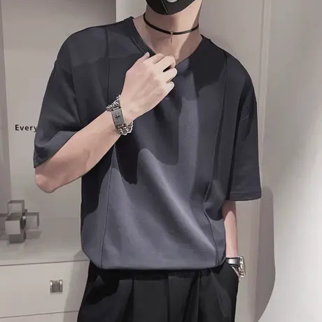 夏季男士上衣短袖宽松半袖潮流休闲V领时尚个性潮牌小众设计体恤商品大图