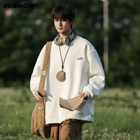 VIISHOW卫衣男生oversize春秋冬款重磅潮牌痞帅印花圆领无帽外套商品大图