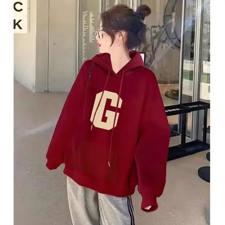 设计感慵懒风酒红色oversize连帽卫衣女龙年新款小众宽松长袖上衣商品大图
