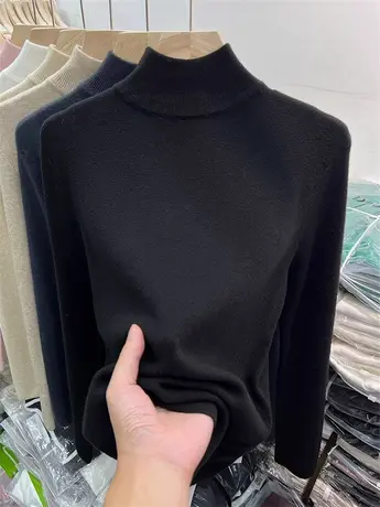 纯色半高领毛衣女款2023新款黑色打底衫秋冬加厚内搭长袖针织上衣商品大图