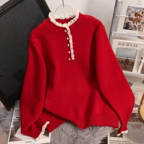 本命年红色毛衣女针织衫套头打底衫2024新款爆款休闲打底衫女春秋图片