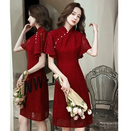 旗袍敬酒服新娘夏季2023新款红色蕾丝中式结婚礼服婚礼短款小个子图片
