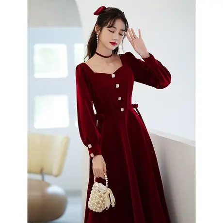 长袖敬酒服新娘2024新款冬季小个子中长款订婚回门礼服连衣裙方领商品大图
