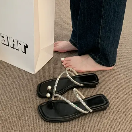 平底水钻气质套趾凉拖鞋仙女鞋子外穿2024年新款夏季法式珍珠凉鞋商品大图