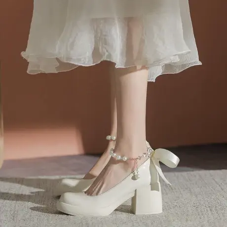 高跟鞋女2024春季新款仙女鞋子温柔晚晚鞋粗跟珍珠玛丽珍单鞋女款图片